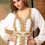 Closeup of Aaliyah White Moroccan Caftan With Hand Embroidery
