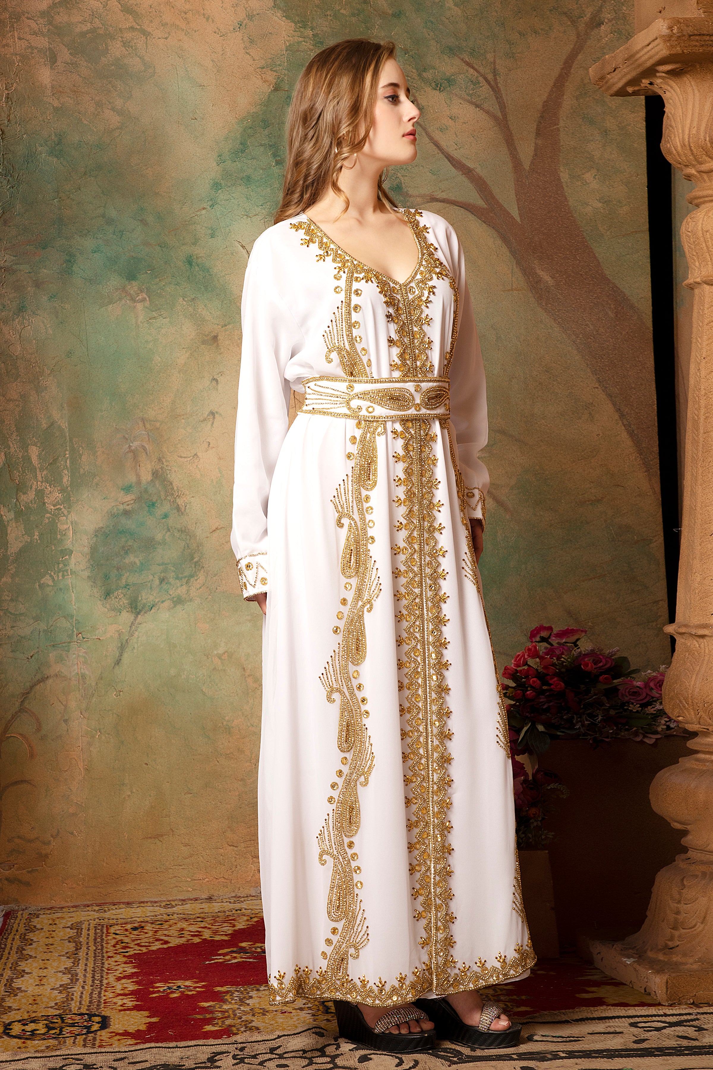 Side of Aaliyah White Moroccan Caftan With Hand Embroidery