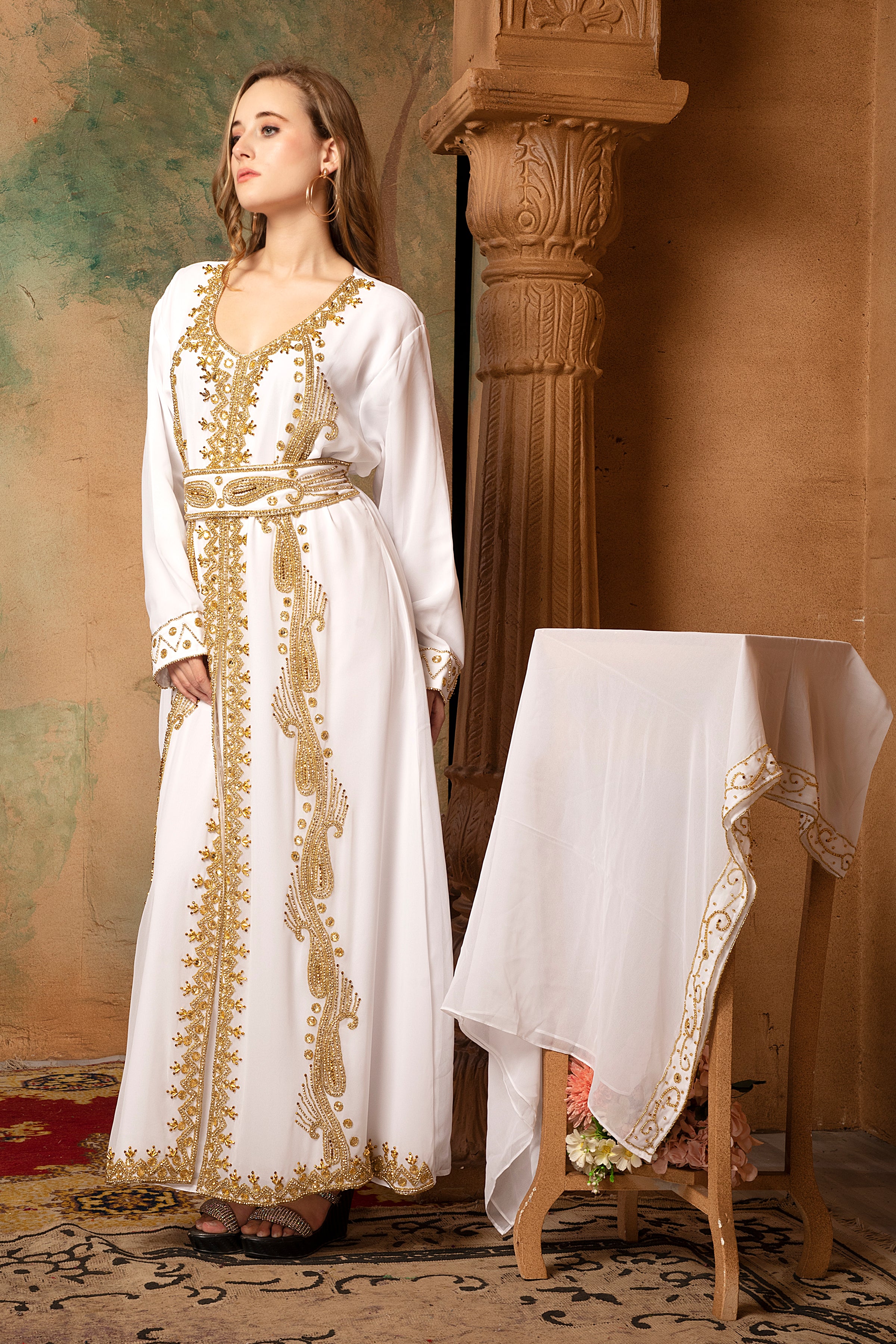 Aaliyah White Moroccan Caftan With Hand Embroidery