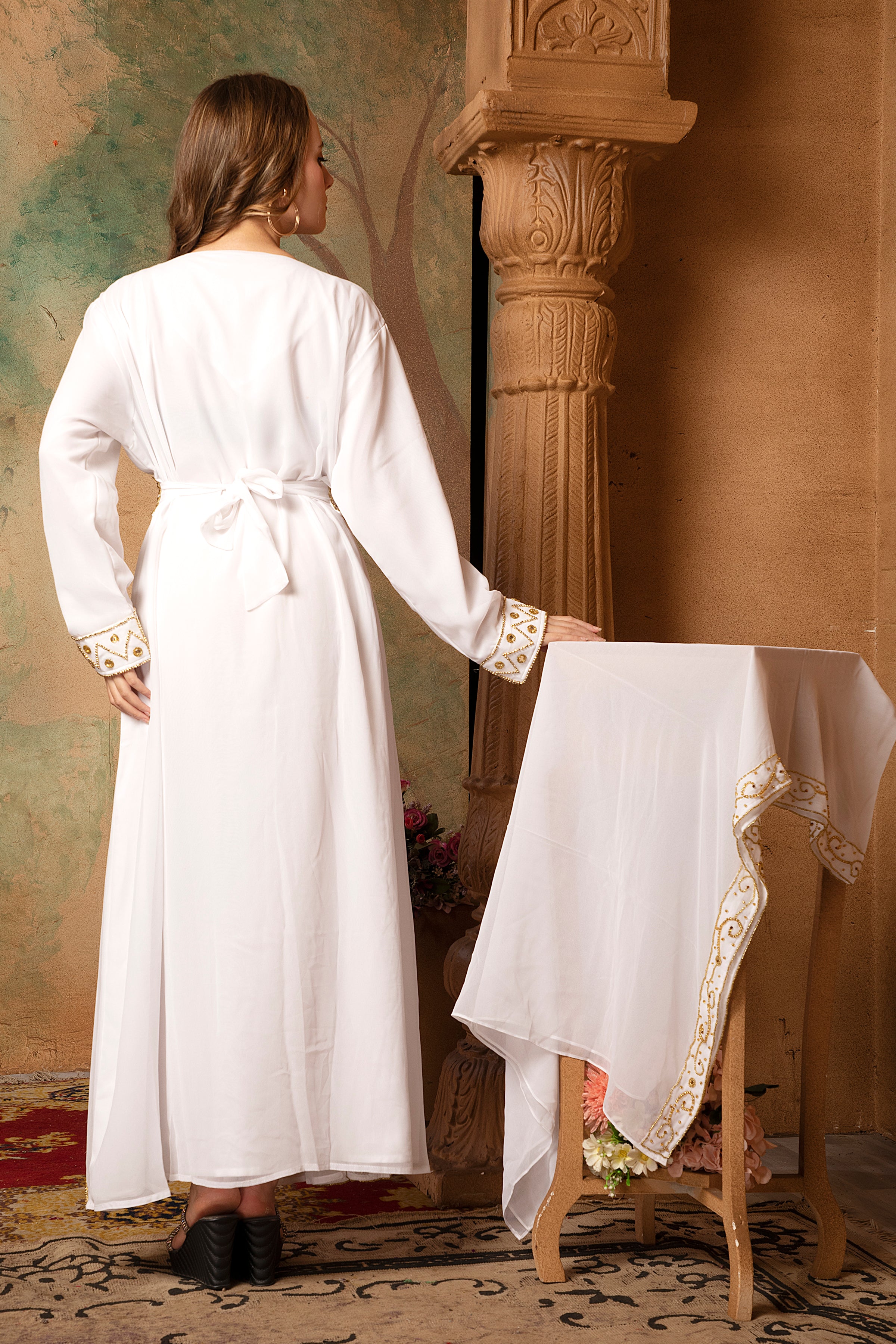 Back of Aaliyah White Moroccan Caftan With Hand Embroidery