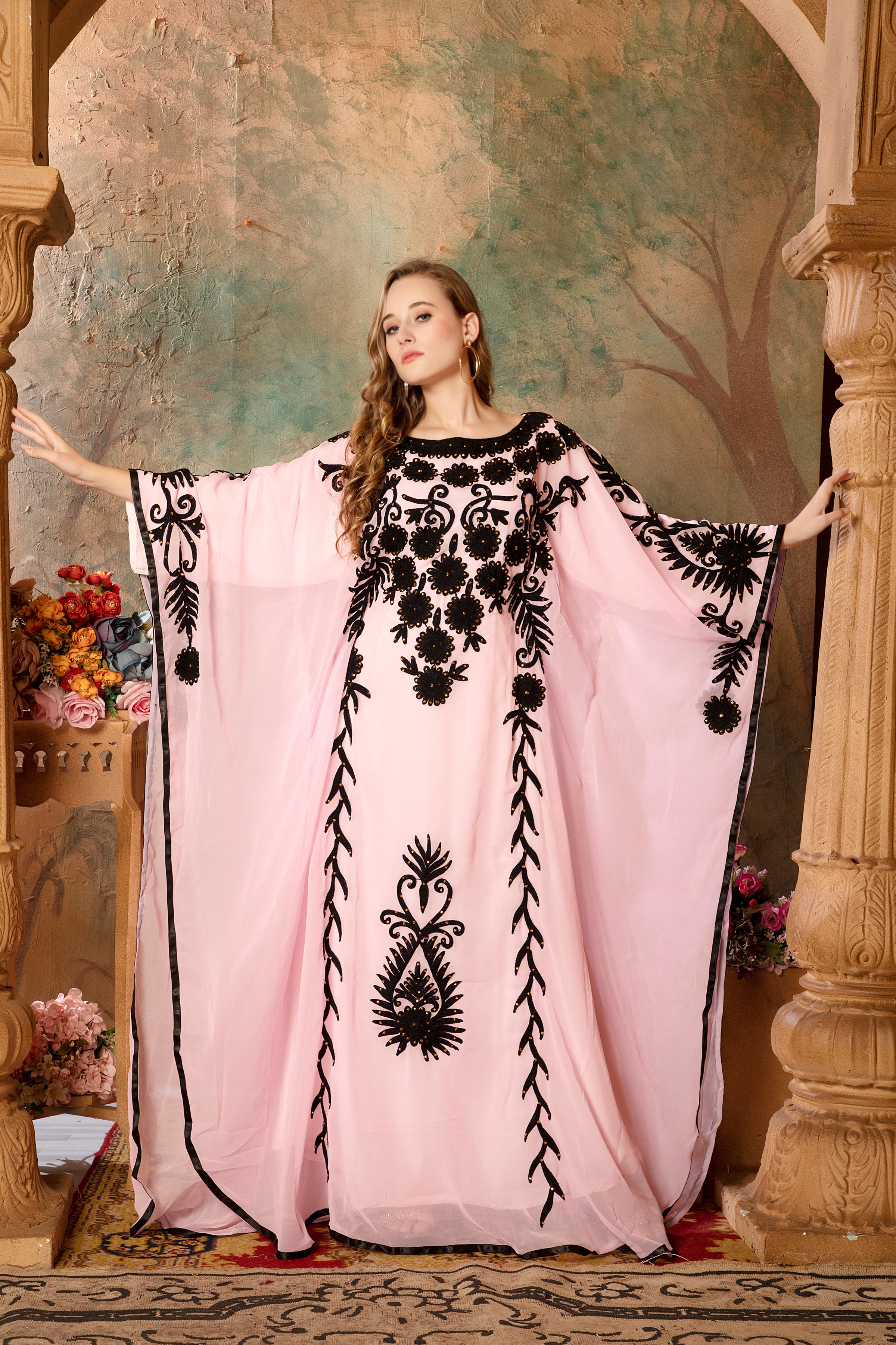 Front of Abeer Pink Stylish Abaya Dress With Hand Embroidery