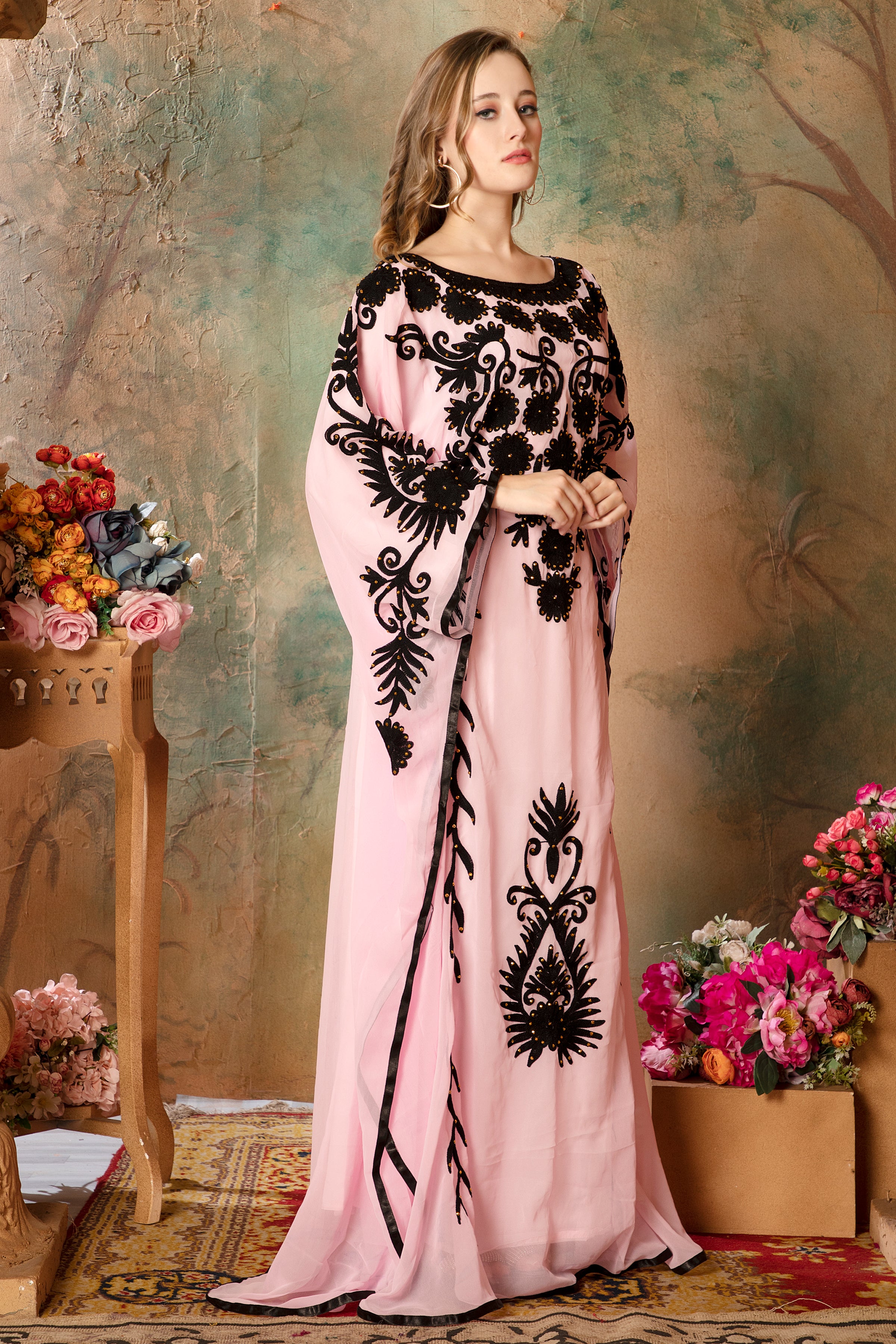 Side of Abeer Pink Stylish Abaya Dress With Hand Embroidery