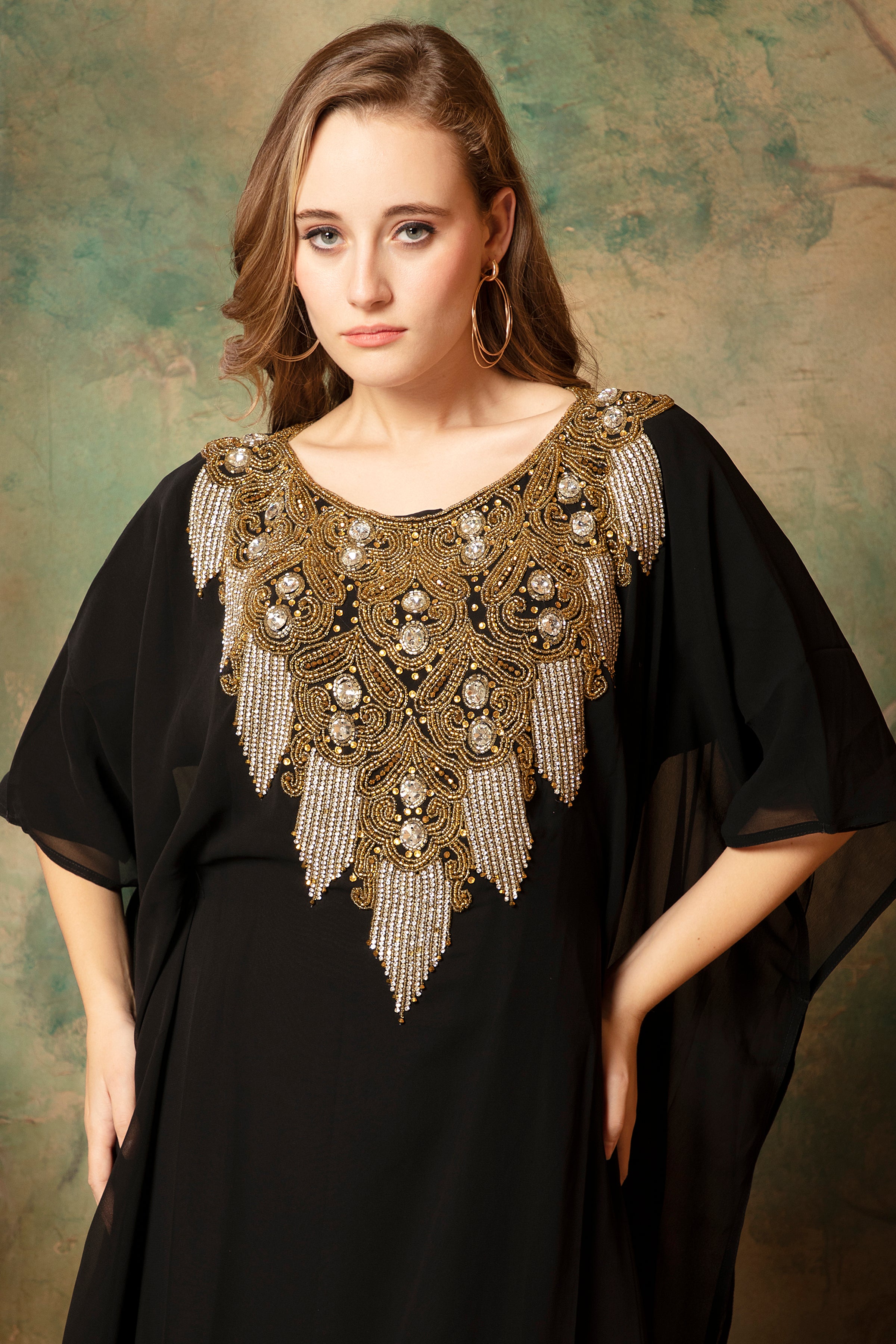 Closeup of Aisha Black Farasha Kaftan With Hand Embroidery