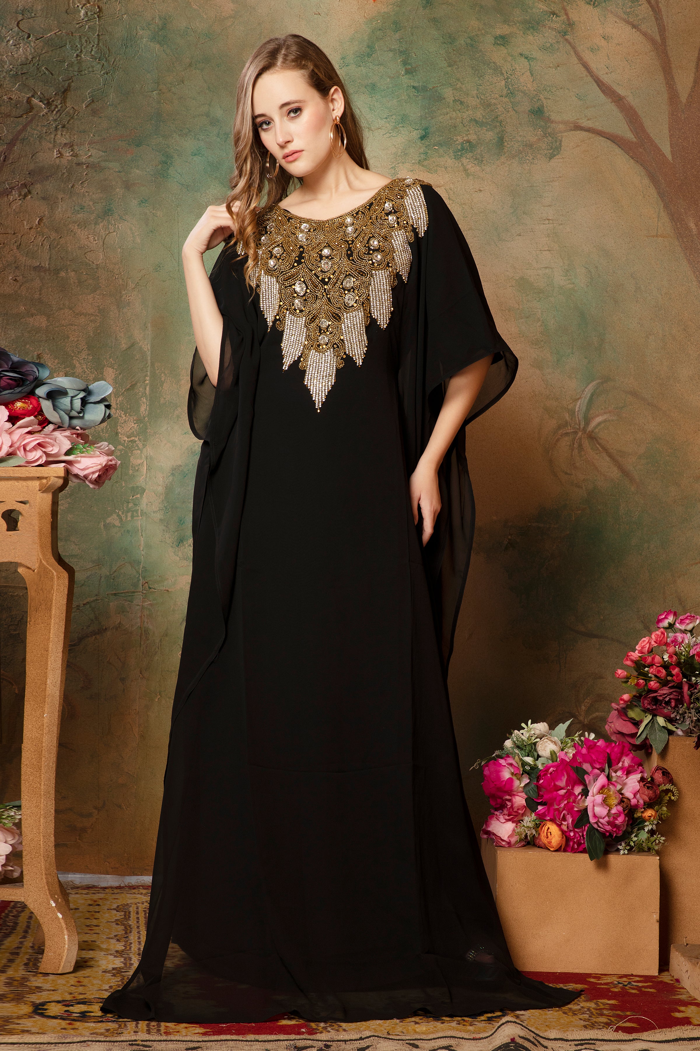 Aisha Black Farasha Kaftan With Hand Embroidery