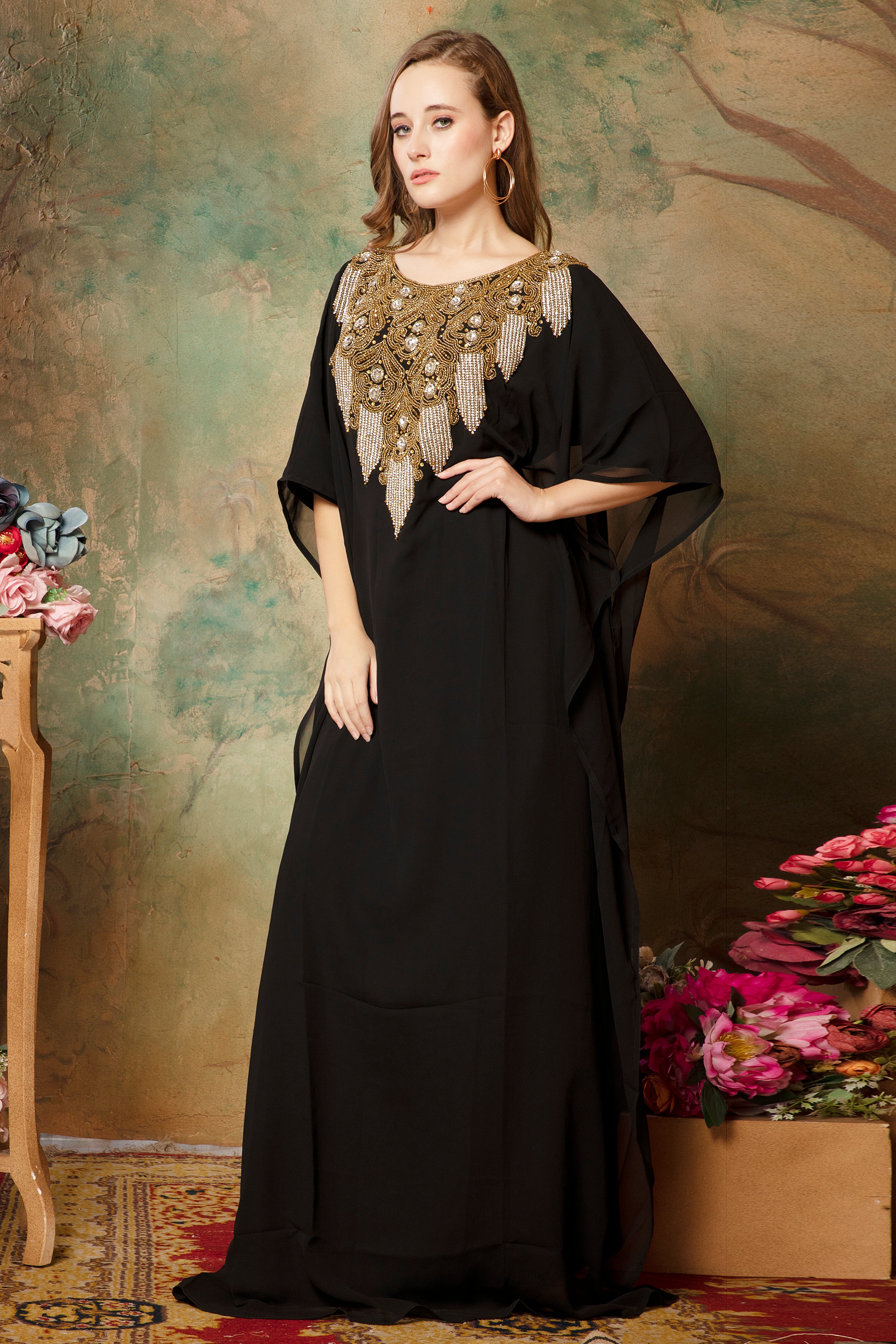 Side of Aisha Black Farasha Kaftan With Hand Embroidery