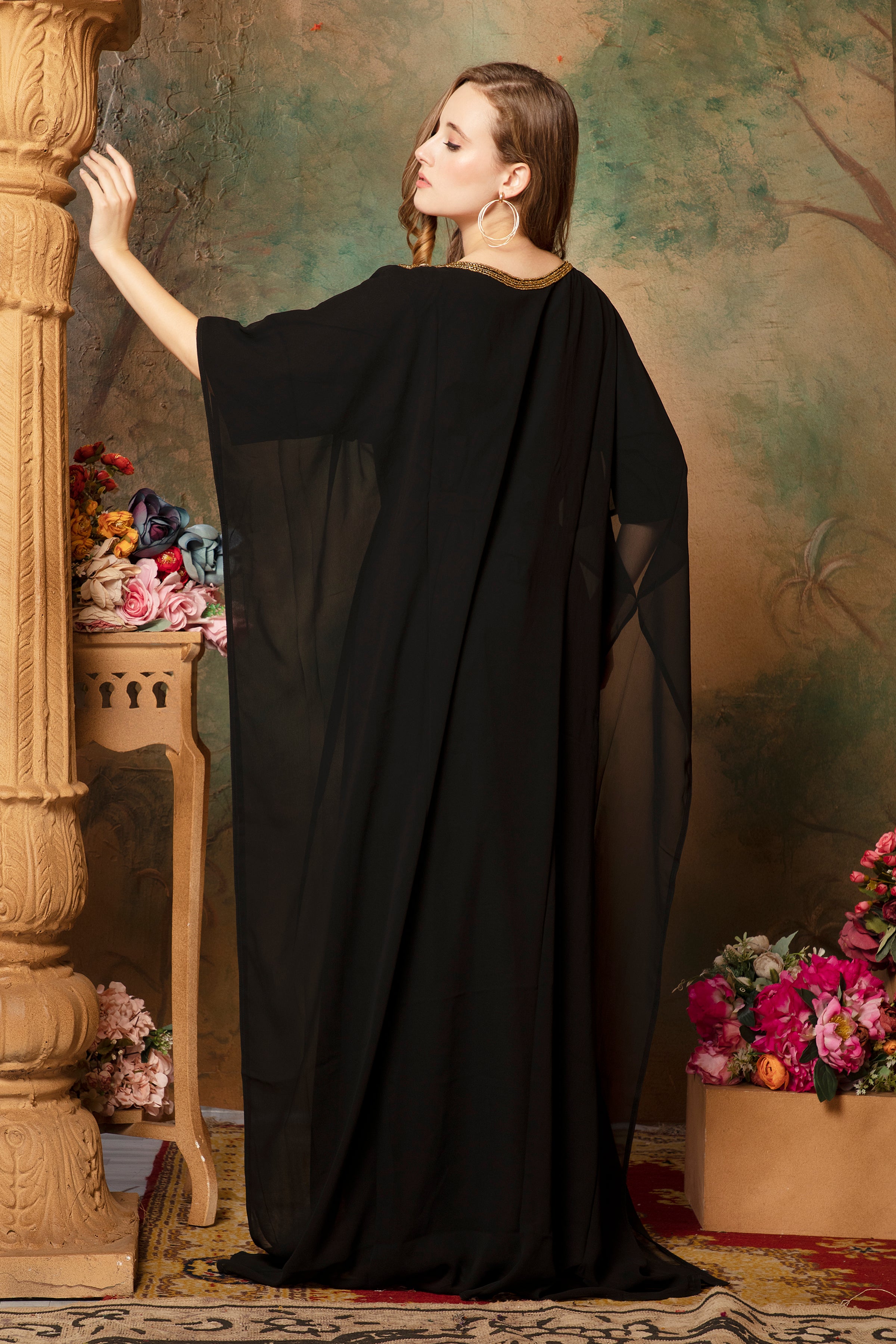 Back of Aisha Black Farasha Kaftan With Hand Embroidery