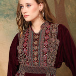 Closeup of Almas Red Velvet Embroidered Gown