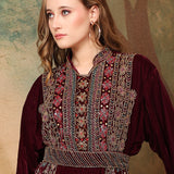 Closeup of Almas Red Velvet Embroidered Gown