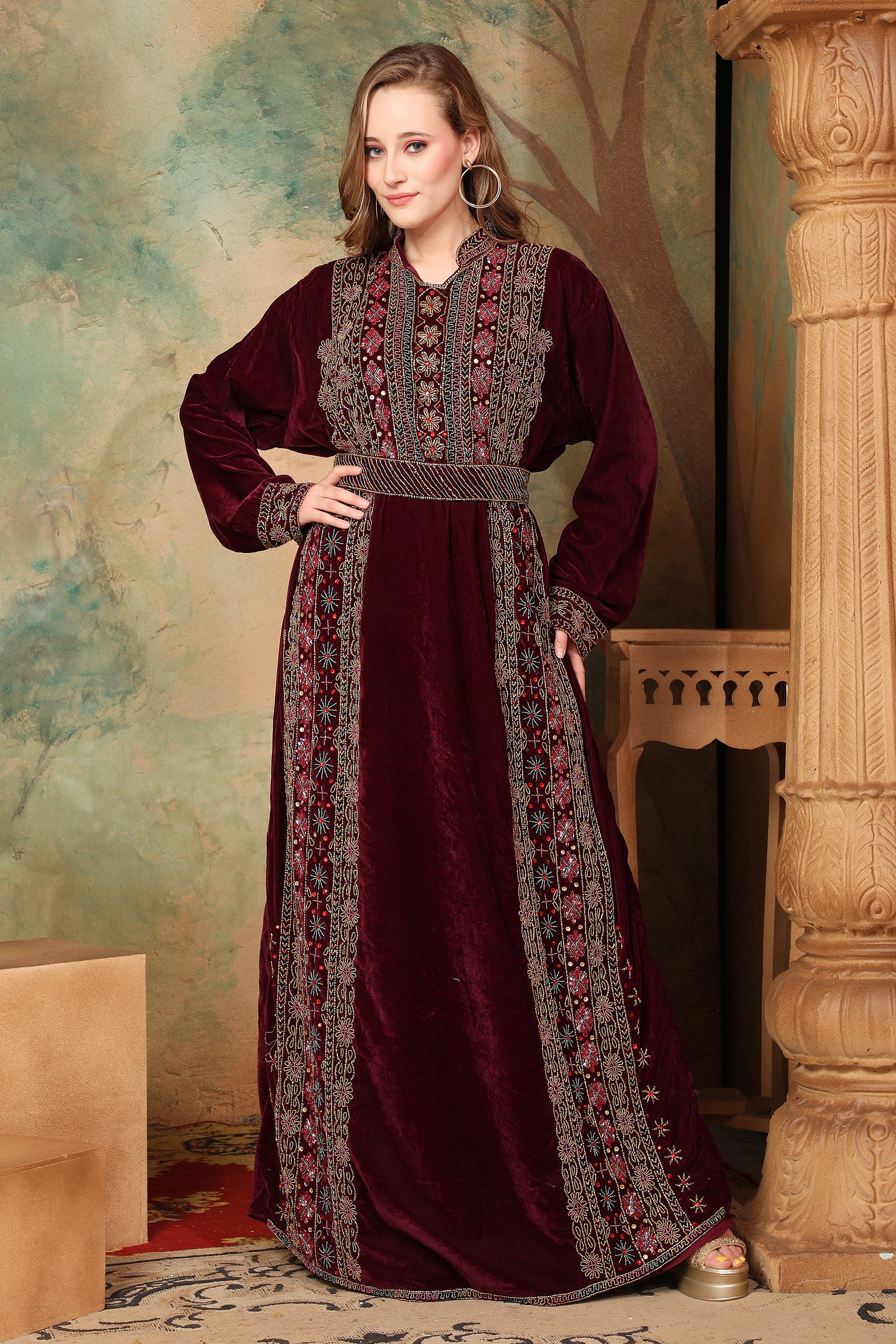 Side of Almas Red Velvet Embroidered Gown