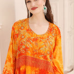 Closeup of Amal Orange Cotton Printed Kaftan with Lace Work