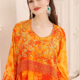 Closeup of Amal Orange Cotton Printed Kaftan with Lace Work