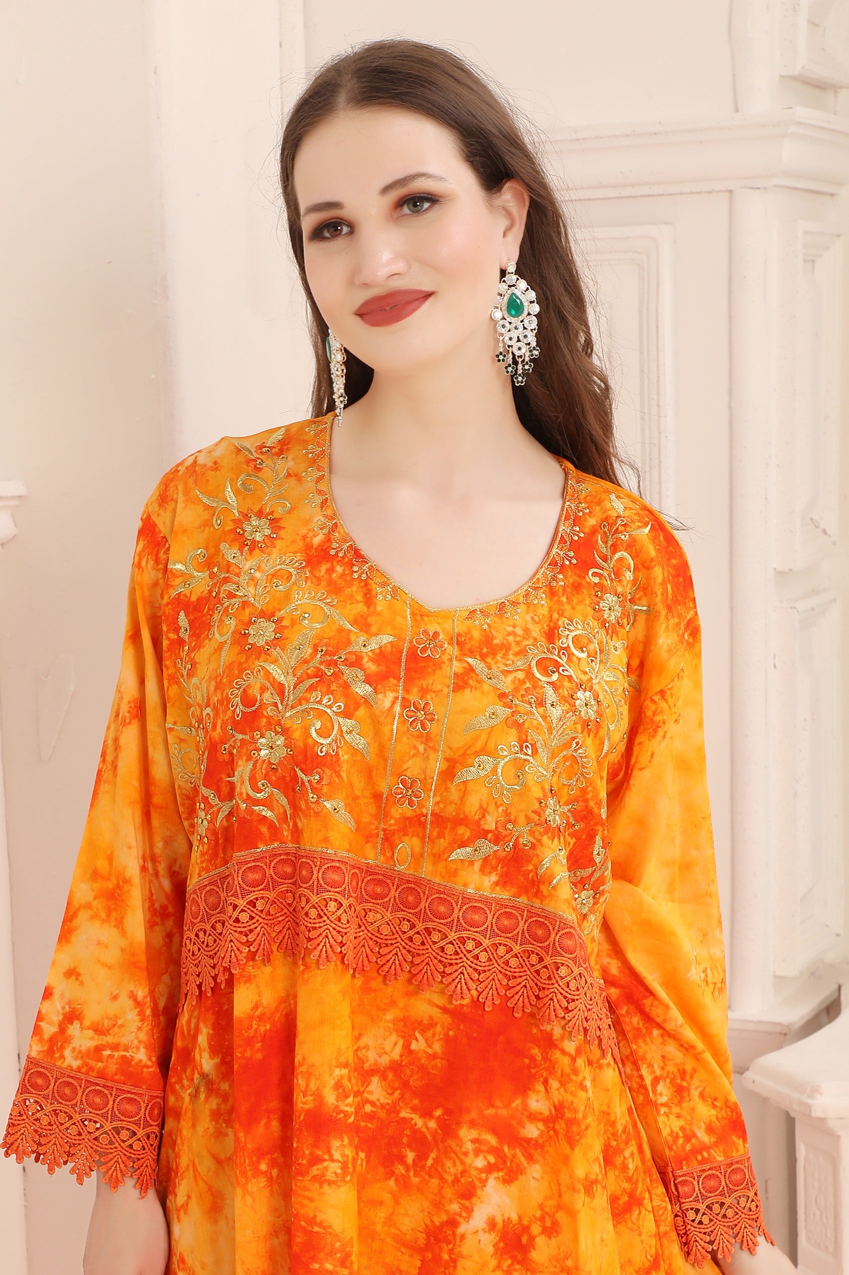 Closeup of Amal Orange Cotton Printed Kaftan with Lace Work