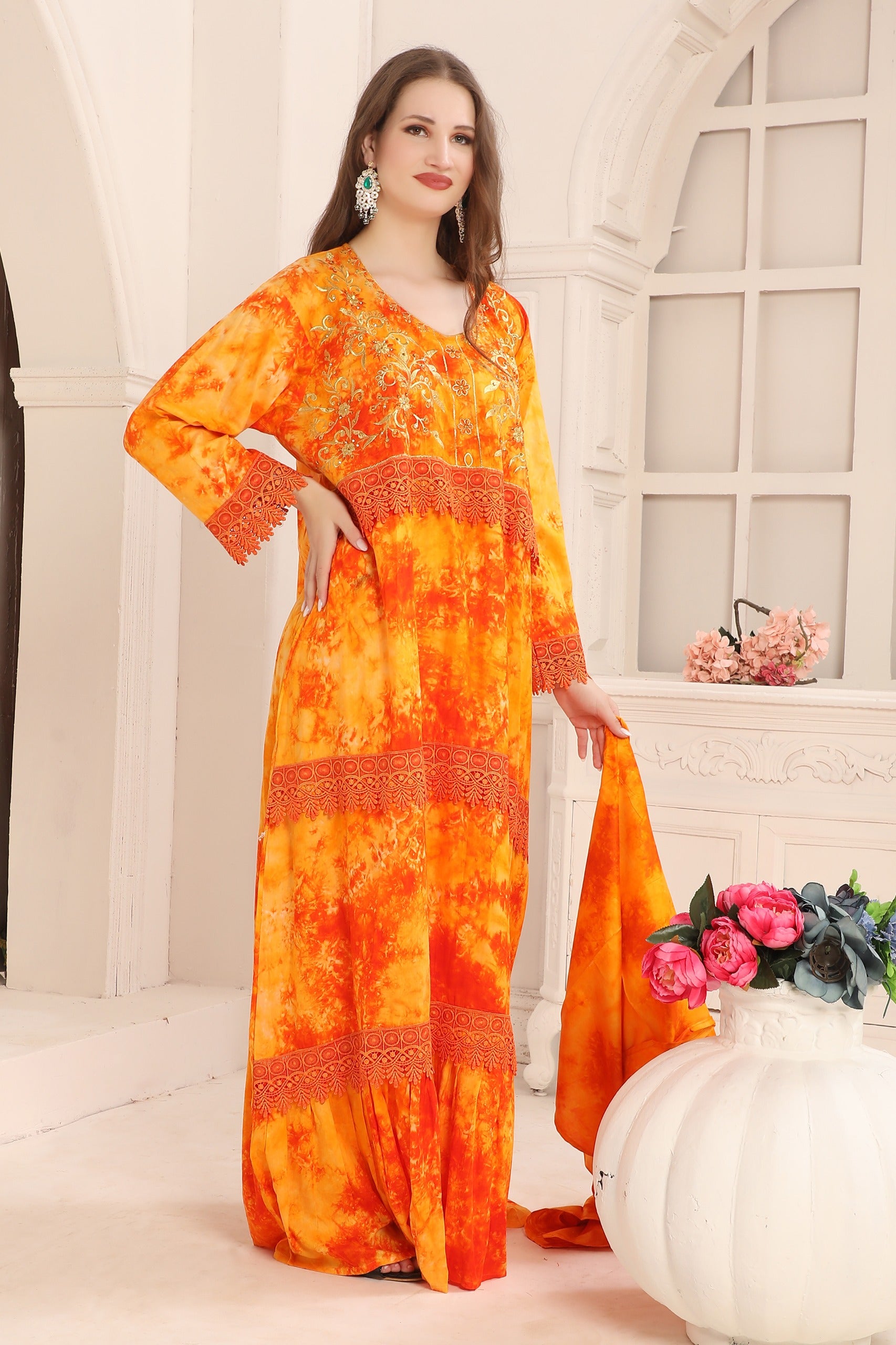 Side of Amal Orange Cotton Printed Kaftan with Lace Work