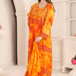 Woman wearing Amal Orange Cotton Printed Kaftan with Lace Work