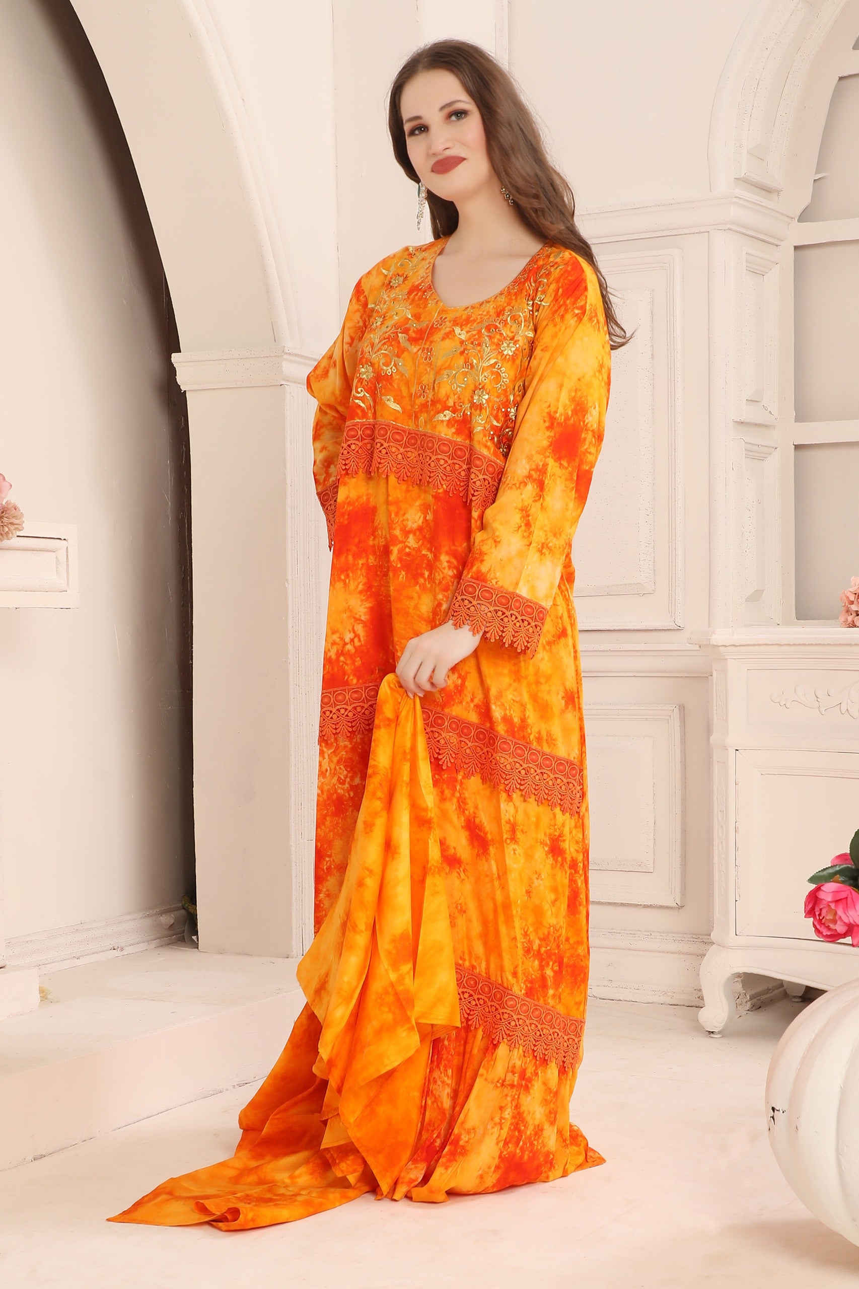 Woman wearing Amal Orange Cotton Printed Kaftan with Lace Work