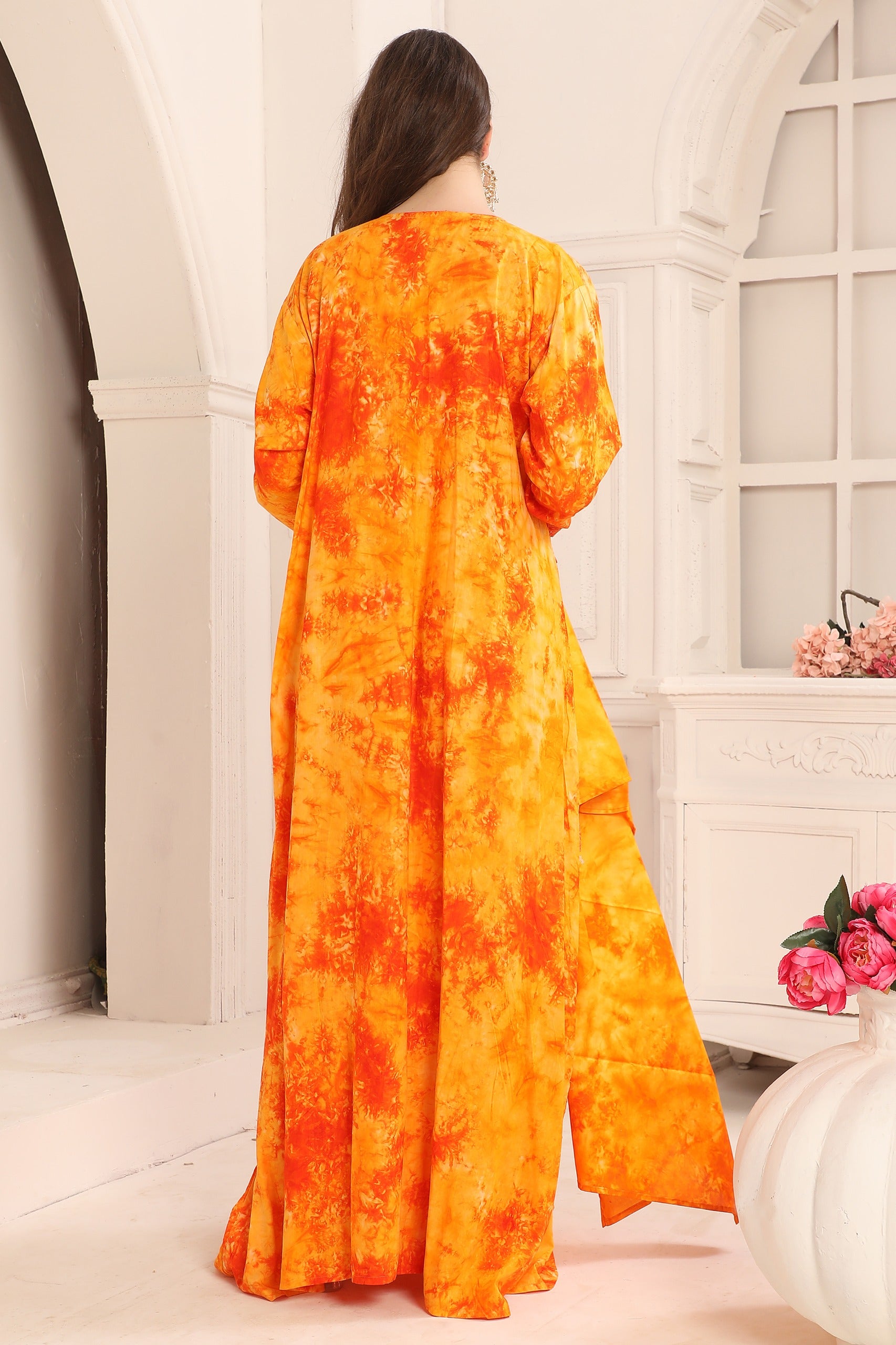 Back of Amal Orange Cotton Printed Kaftan with Lace Work