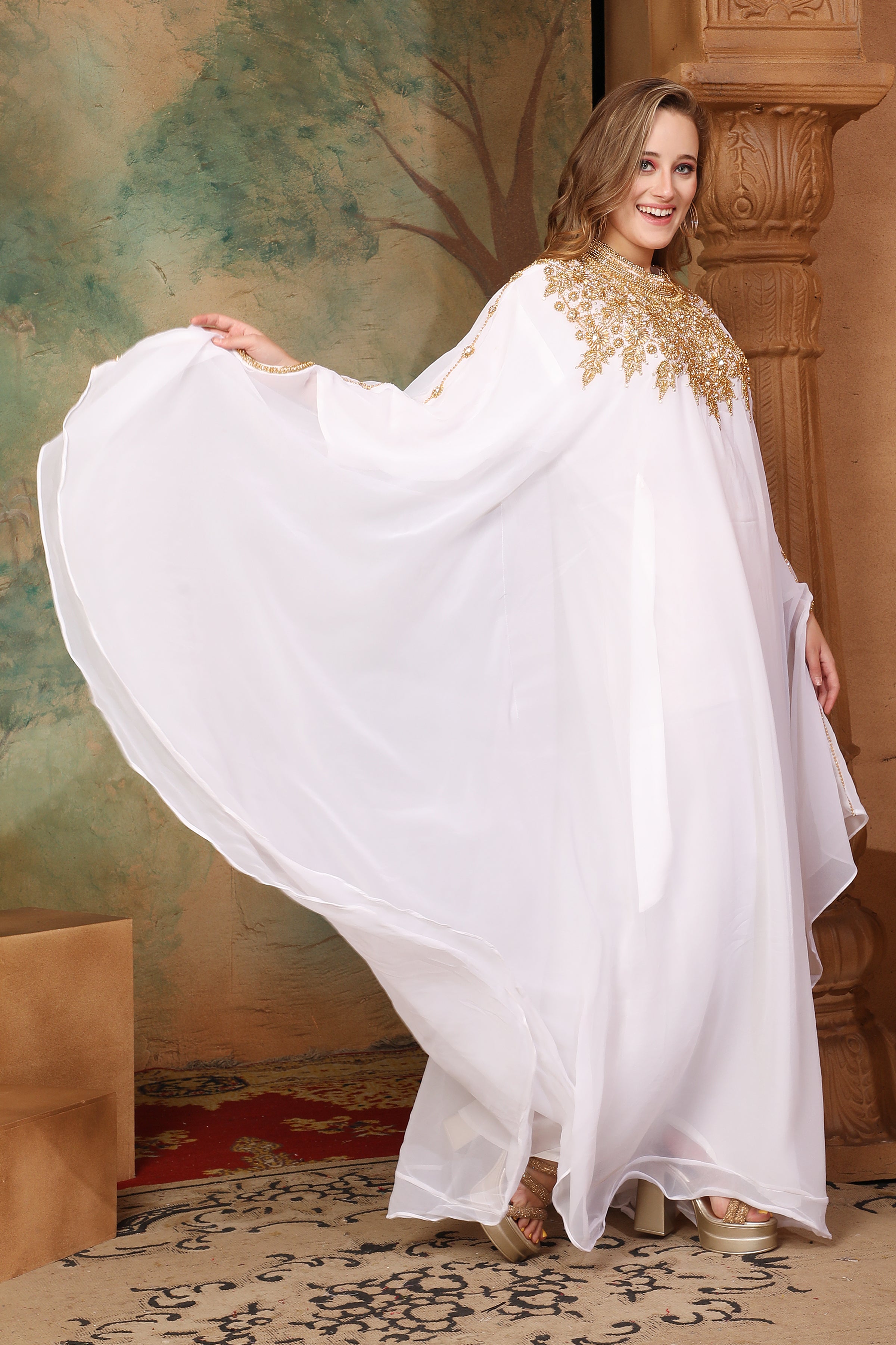 Front of Amina White Farasha Kaftan With Hand Embroidery