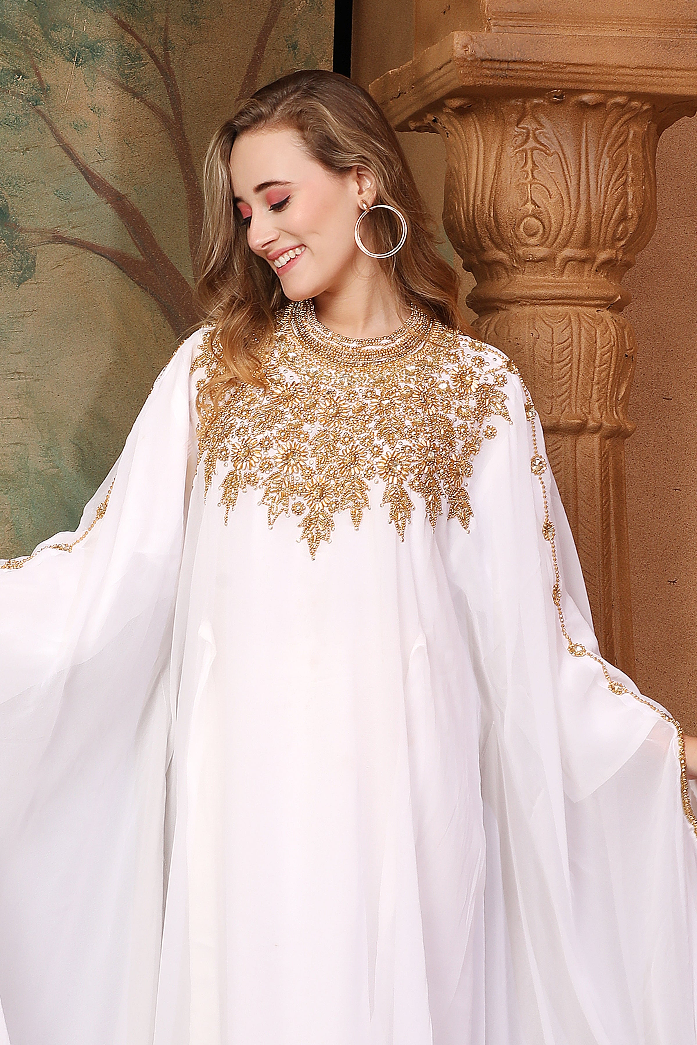 Side Closeup of Amina White Farasha Kaftan With Hand Embroidery
