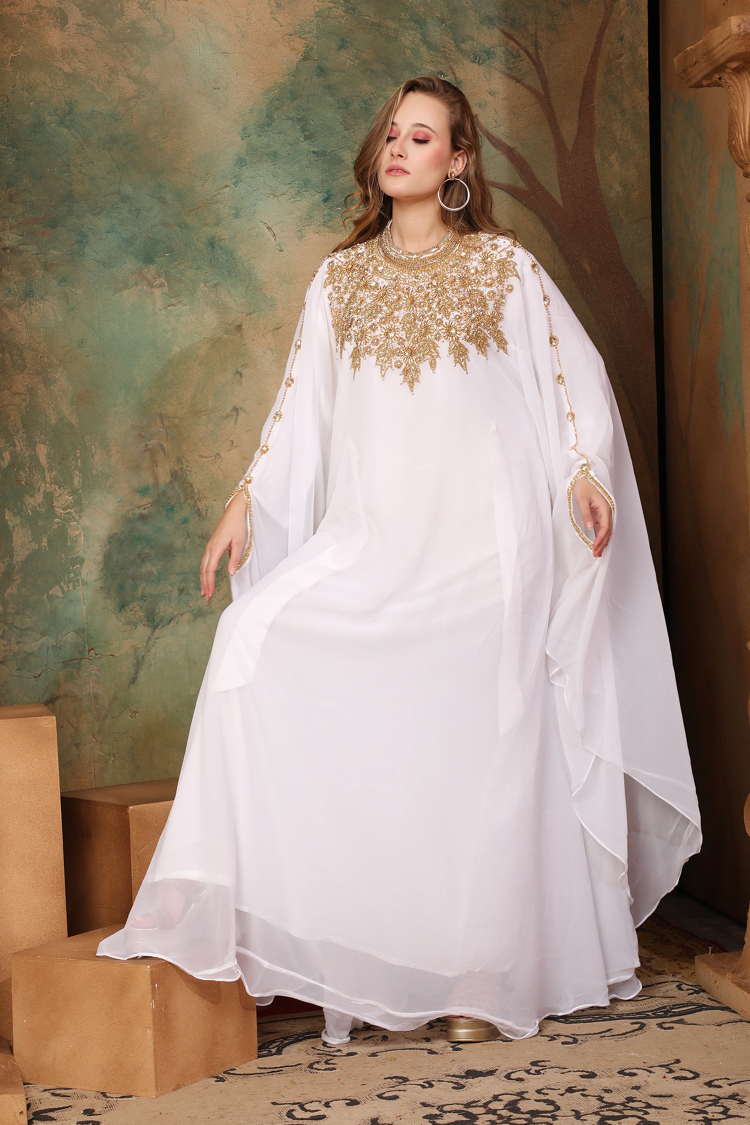 Amina White Farasha Kaftan With Hand Embroidery