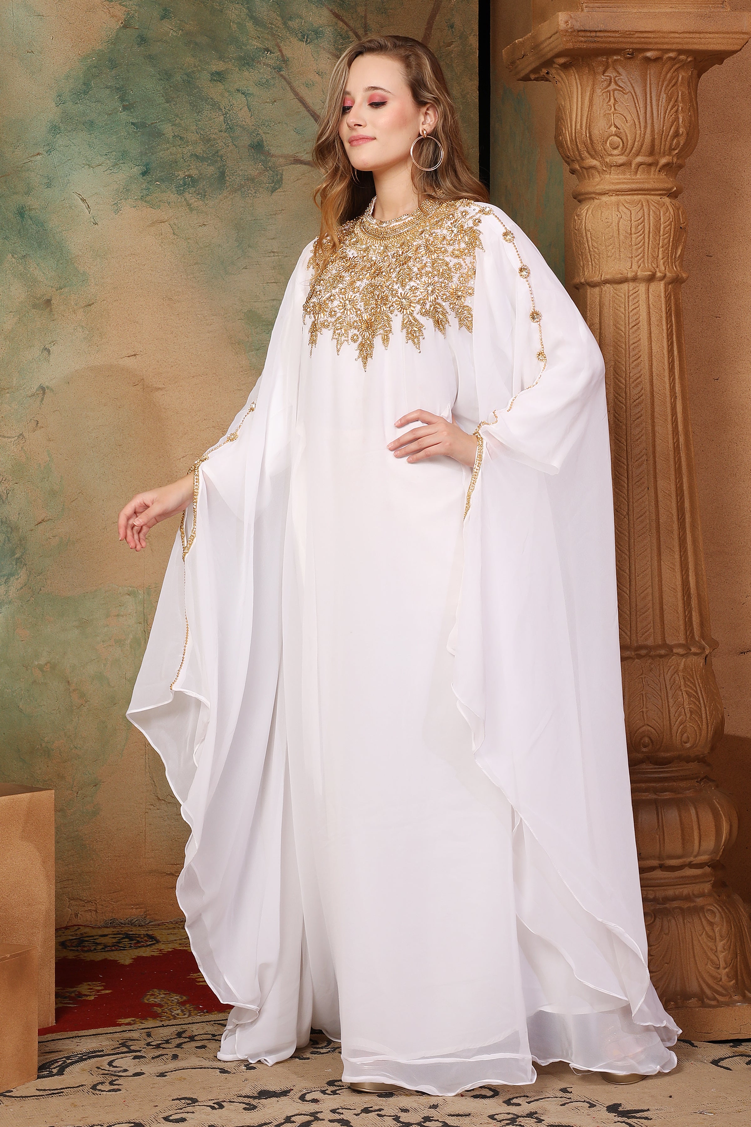 Side of Amina White Farasha Kaftan With Hand Embroidery