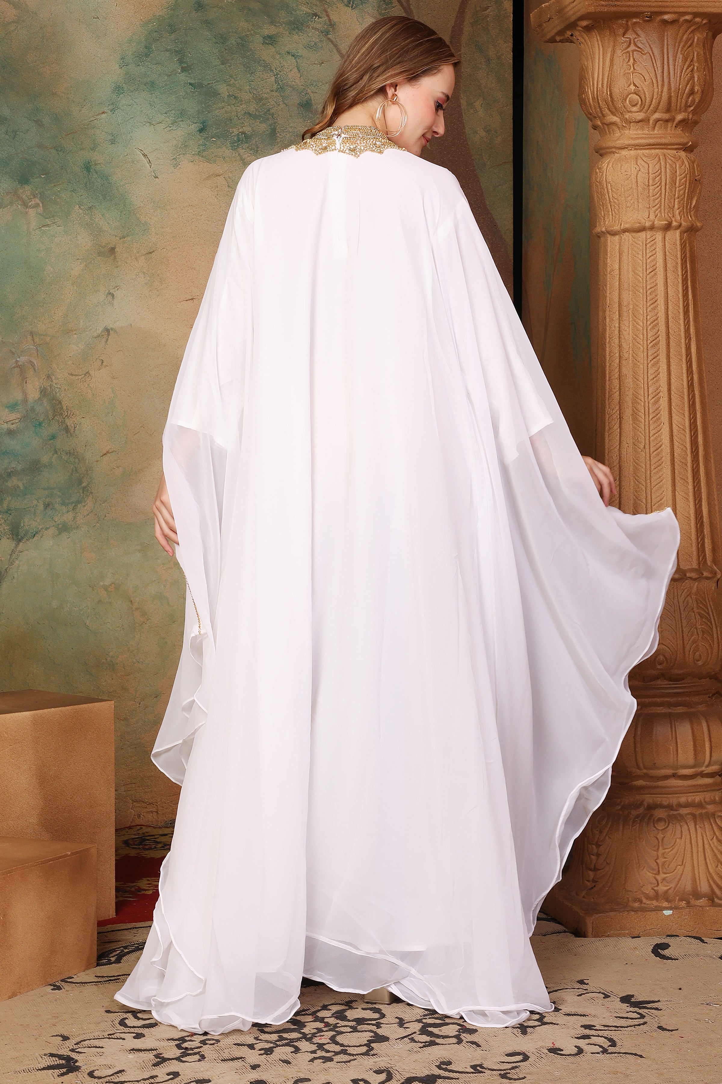 Back of Amina White Farasha Kaftan With Hand Embroidery