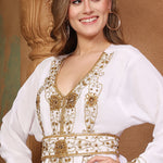 Closeup of Amira White Moroccan Caftan With Hand Embroidery