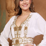 Closeup of Amira White Moroccan Caftan With Hand Embroidery