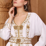 Closeup of Amira White Moroccan Caftan With Hand Embroidery