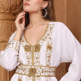 Closeup of Amira White Moroccan Caftan With Hand Embroidery