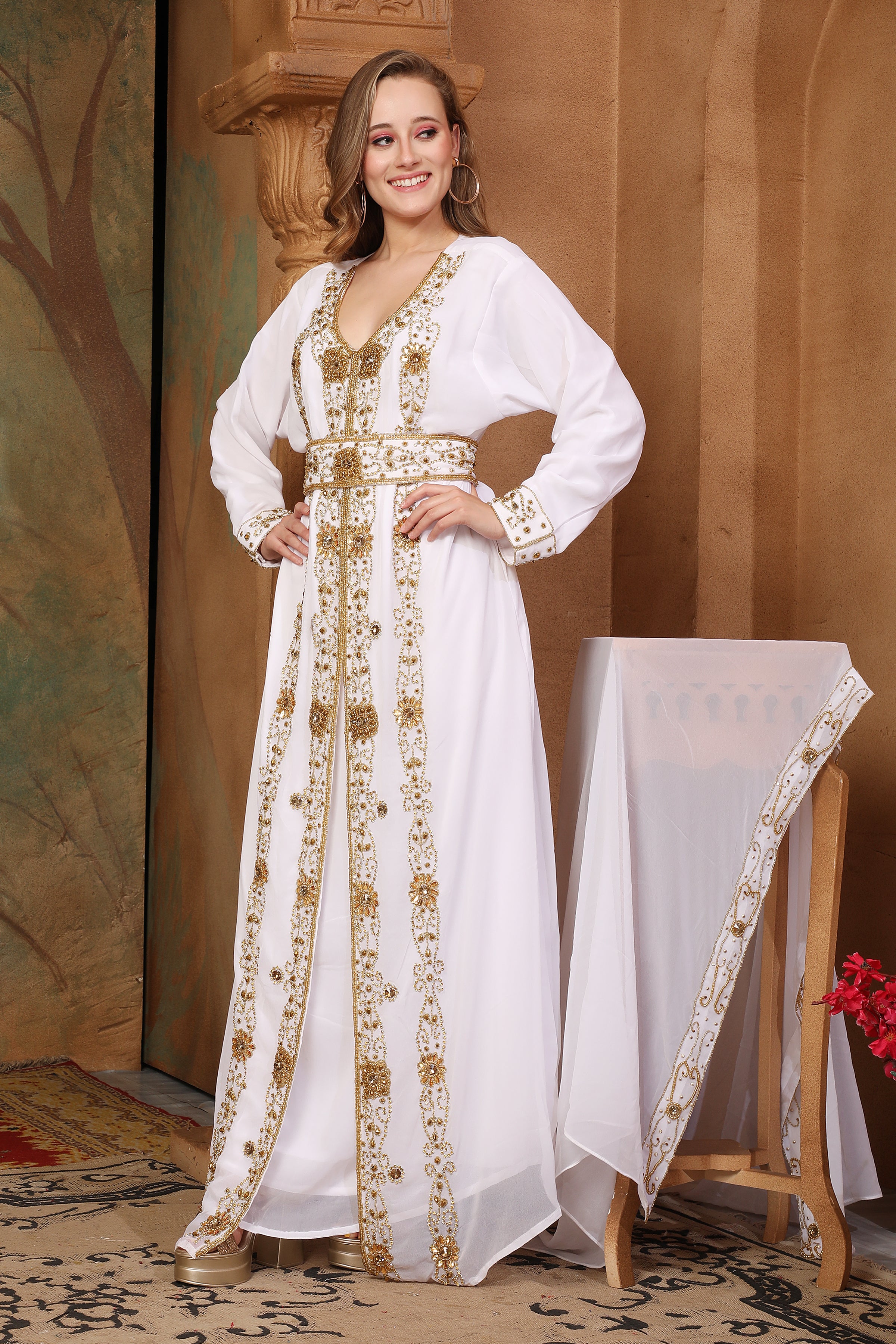 Side of Amira White Moroccan Caftan With Hand Embroidery