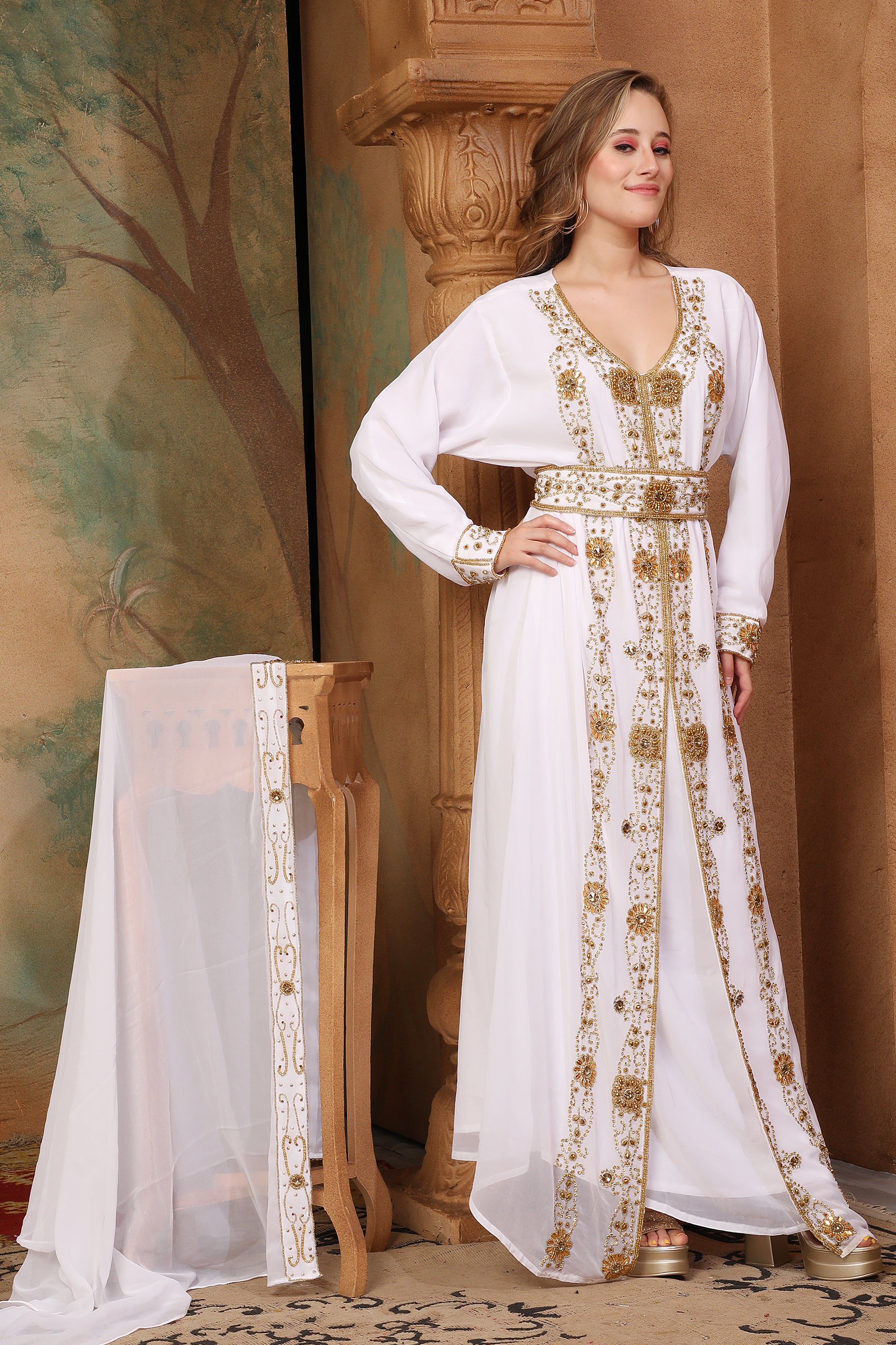 Side of Amira White Moroccan Caftan With Hand Embroidery