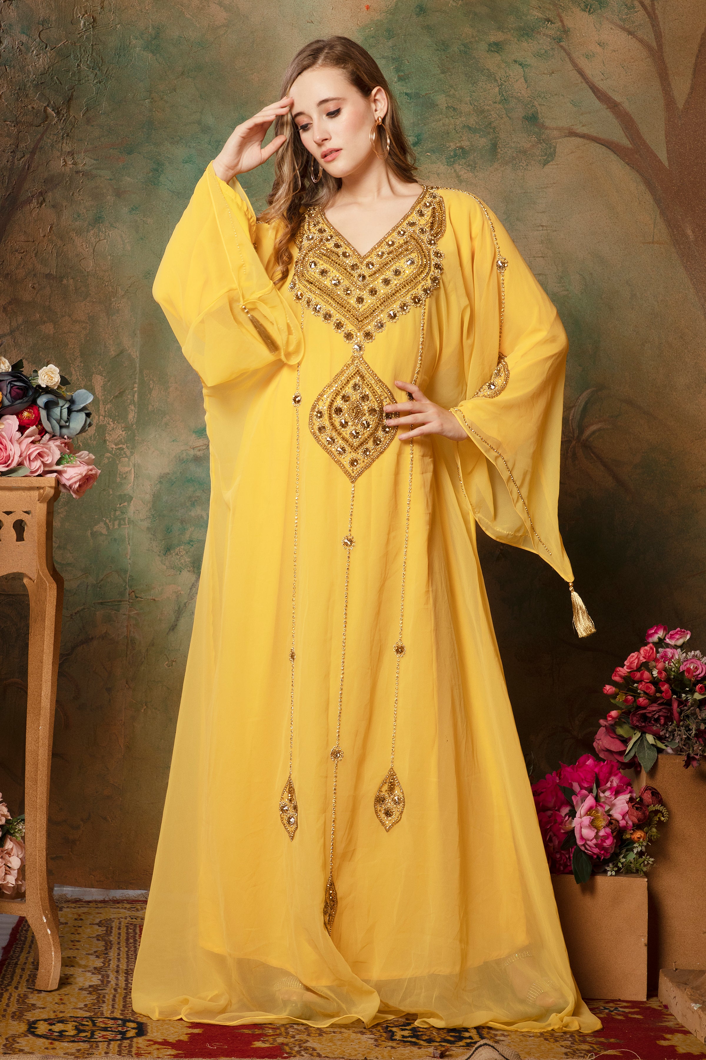 Front of Arisha Yellow Farasha Kaftan With Hand Embroidery