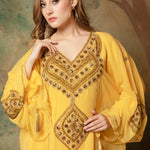Closeup of Arisha Yellow Farasha Kaftan With Hand Embroidery