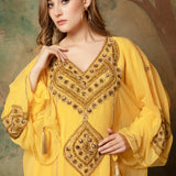 Closeup of Arisha Yellow Farasha Kaftan With Hand Embroidery
