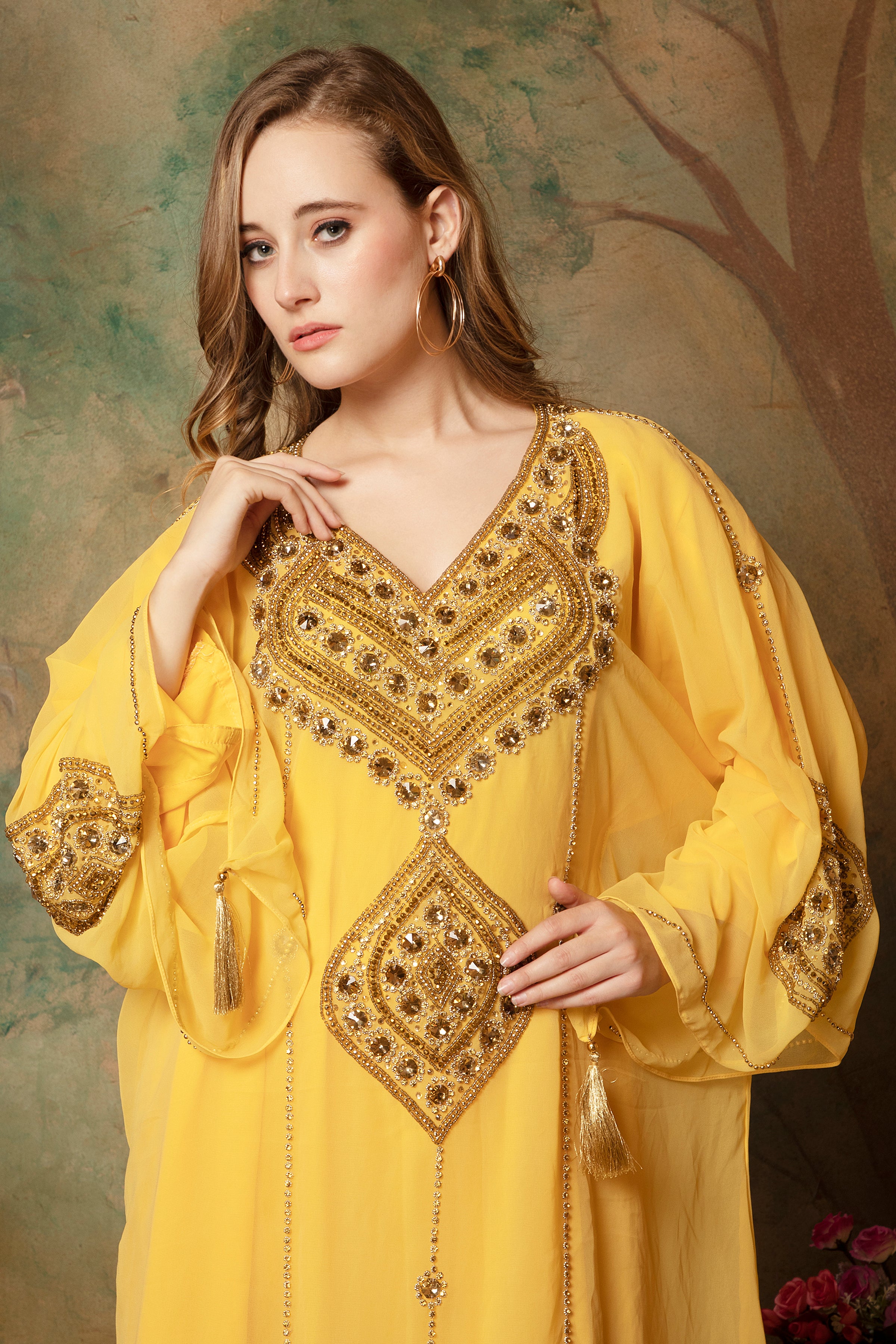 Closeup of Arisha Yellow Farasha Kaftan With Hand Embroidery
