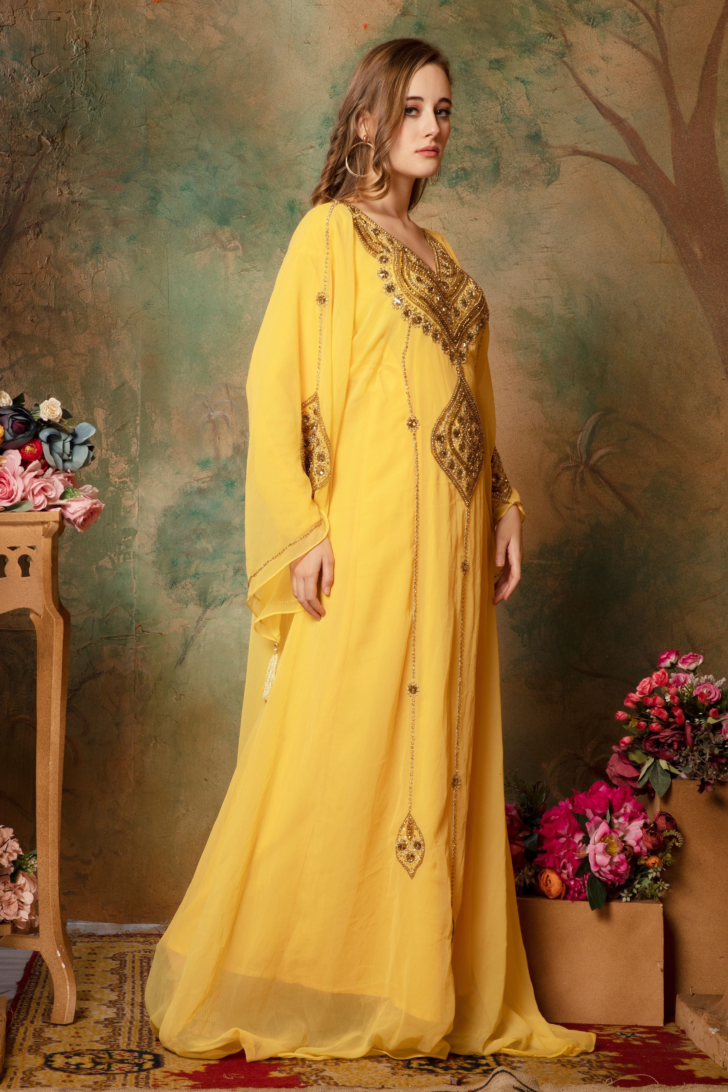 Side of Arisha Yellow Farasha Kaftan With Hand Embroidery