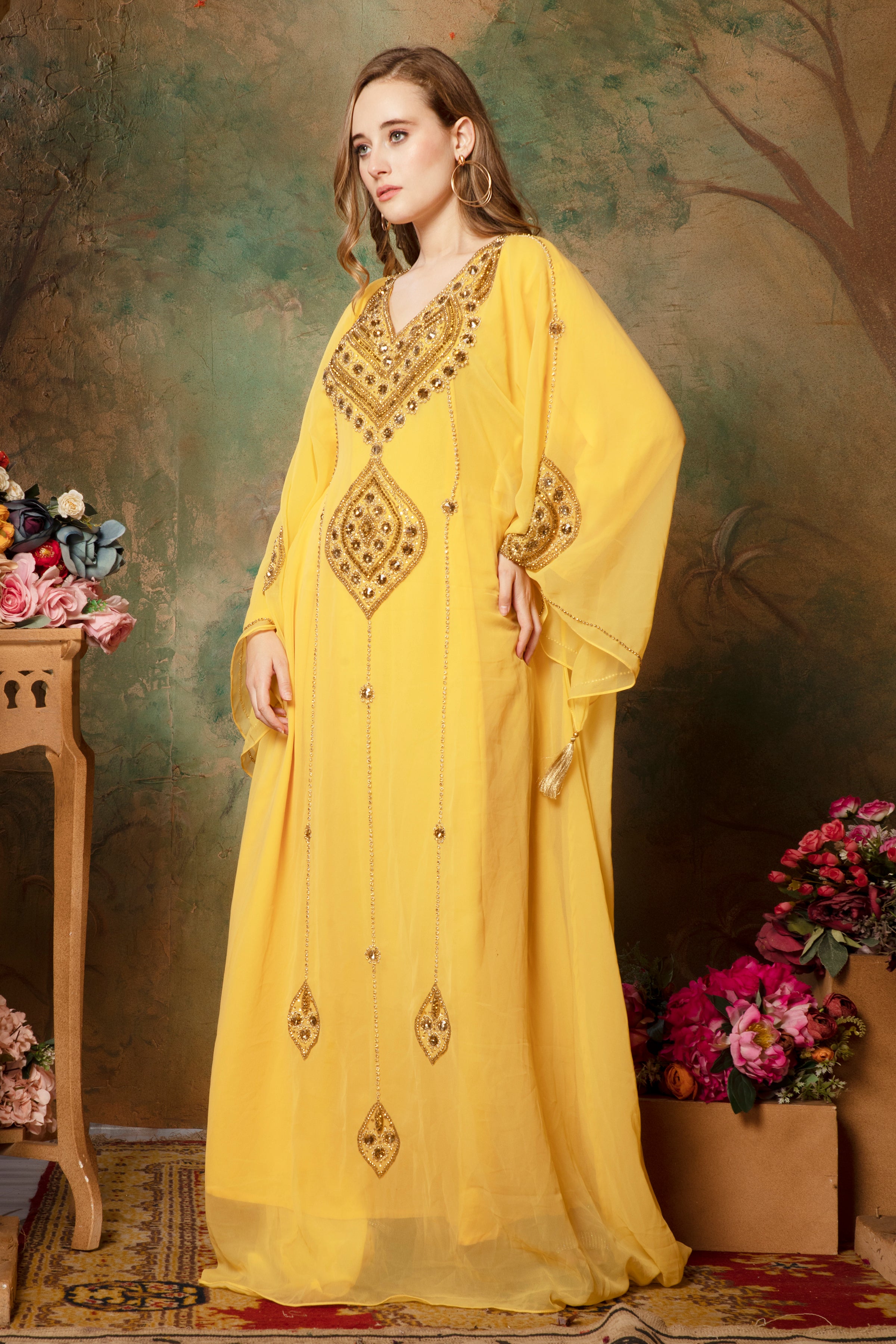 Arisha Yellow Farasha Kaftan With Hand Embroidery
