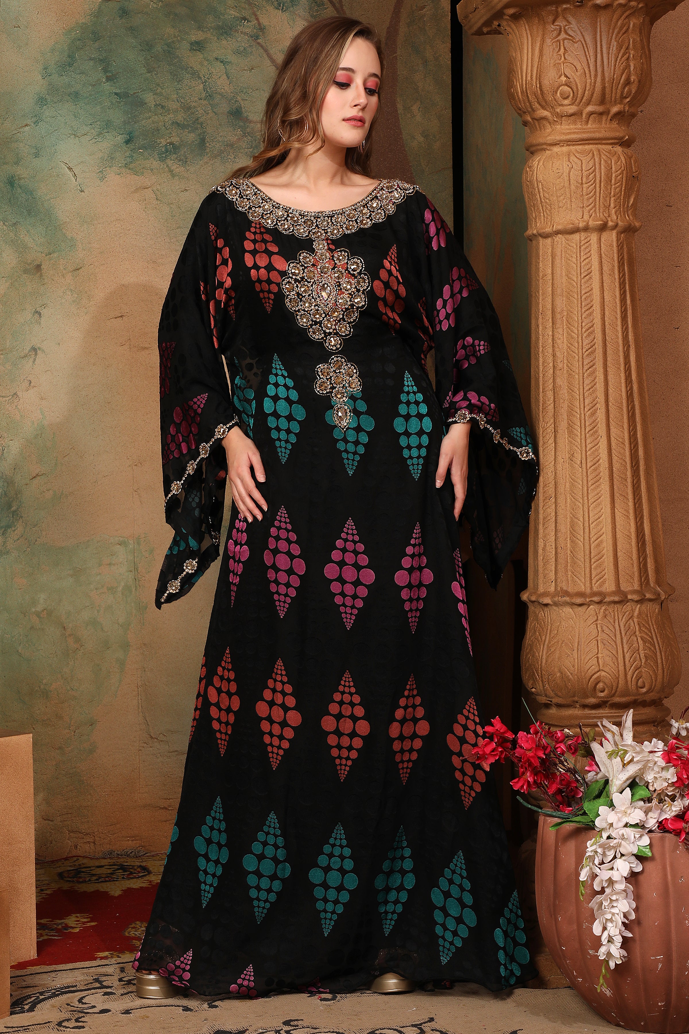 Front of Asiyah Black Brasso Caftan With Hand Embroidery