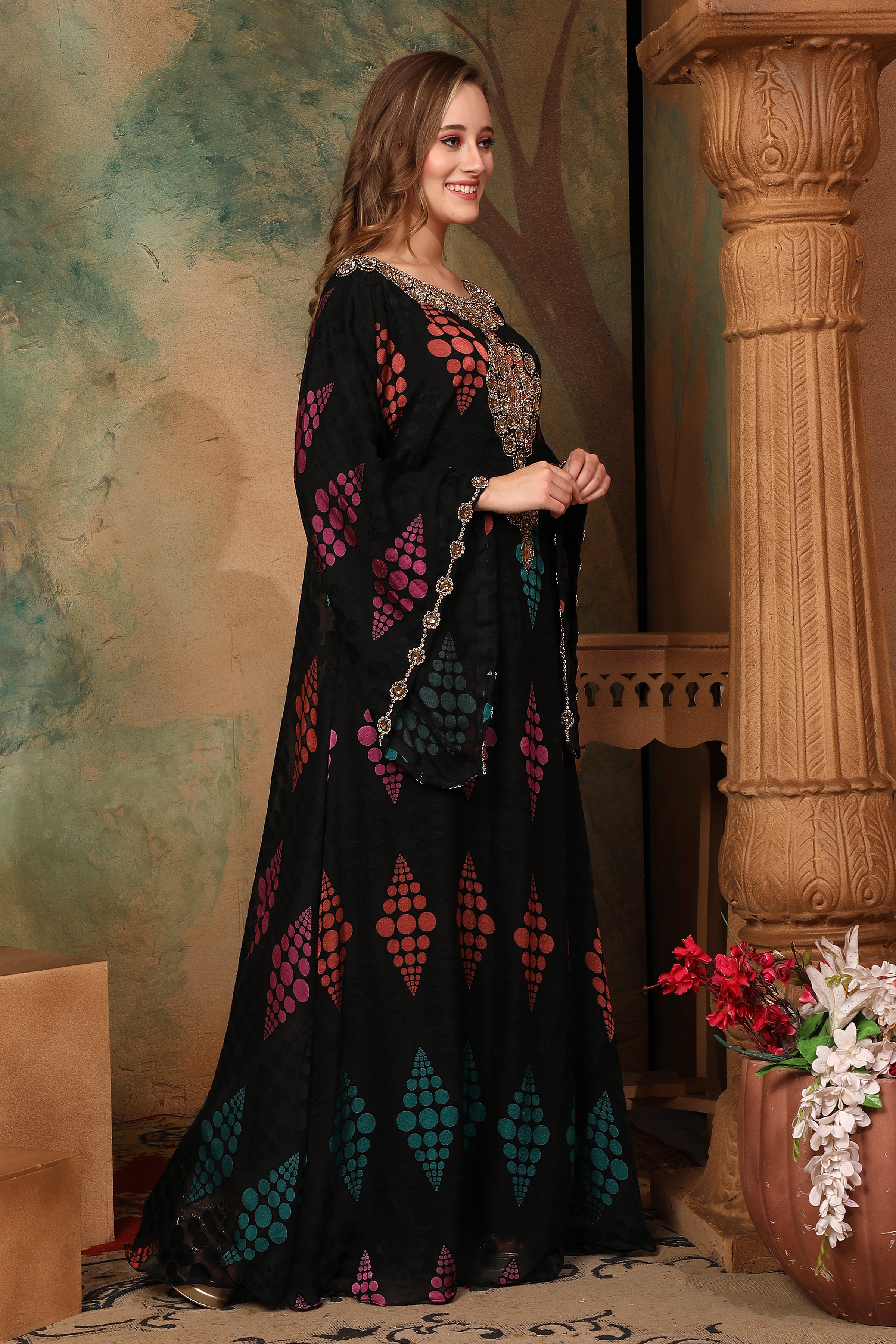 Side of Asiyah Black Brasso Caftan With Hand Embroidery