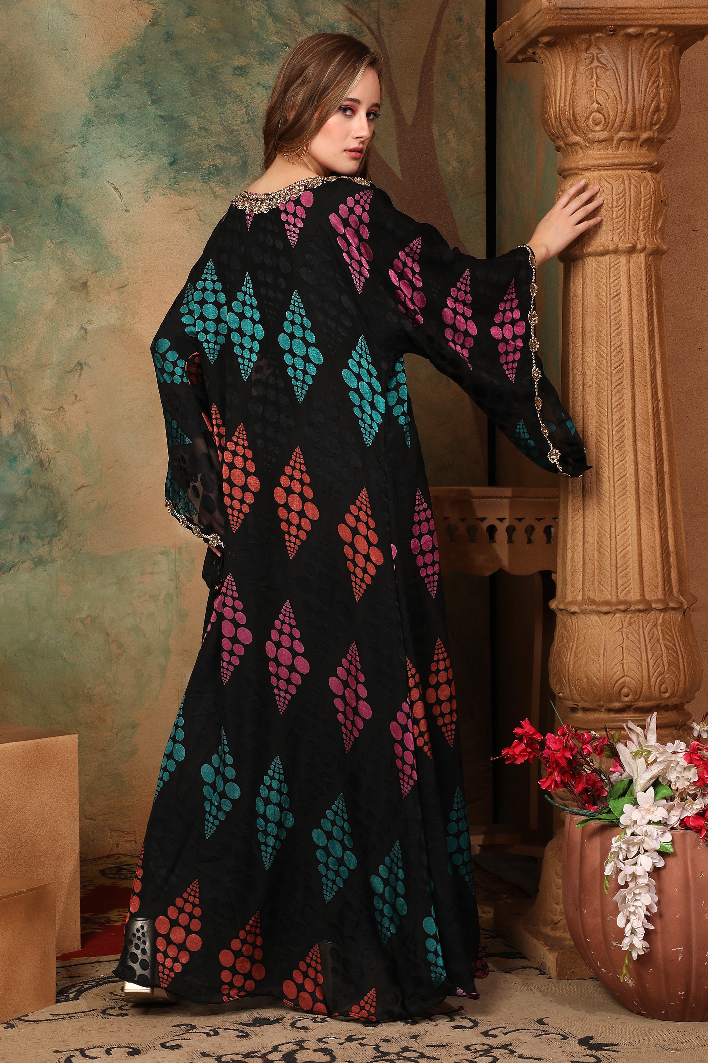 Back of Asiyah Black Brasso Caftan With Hand Embroidery