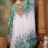 Front of Asma Green And White Printed Kaftan Dress With Hand Embroidery