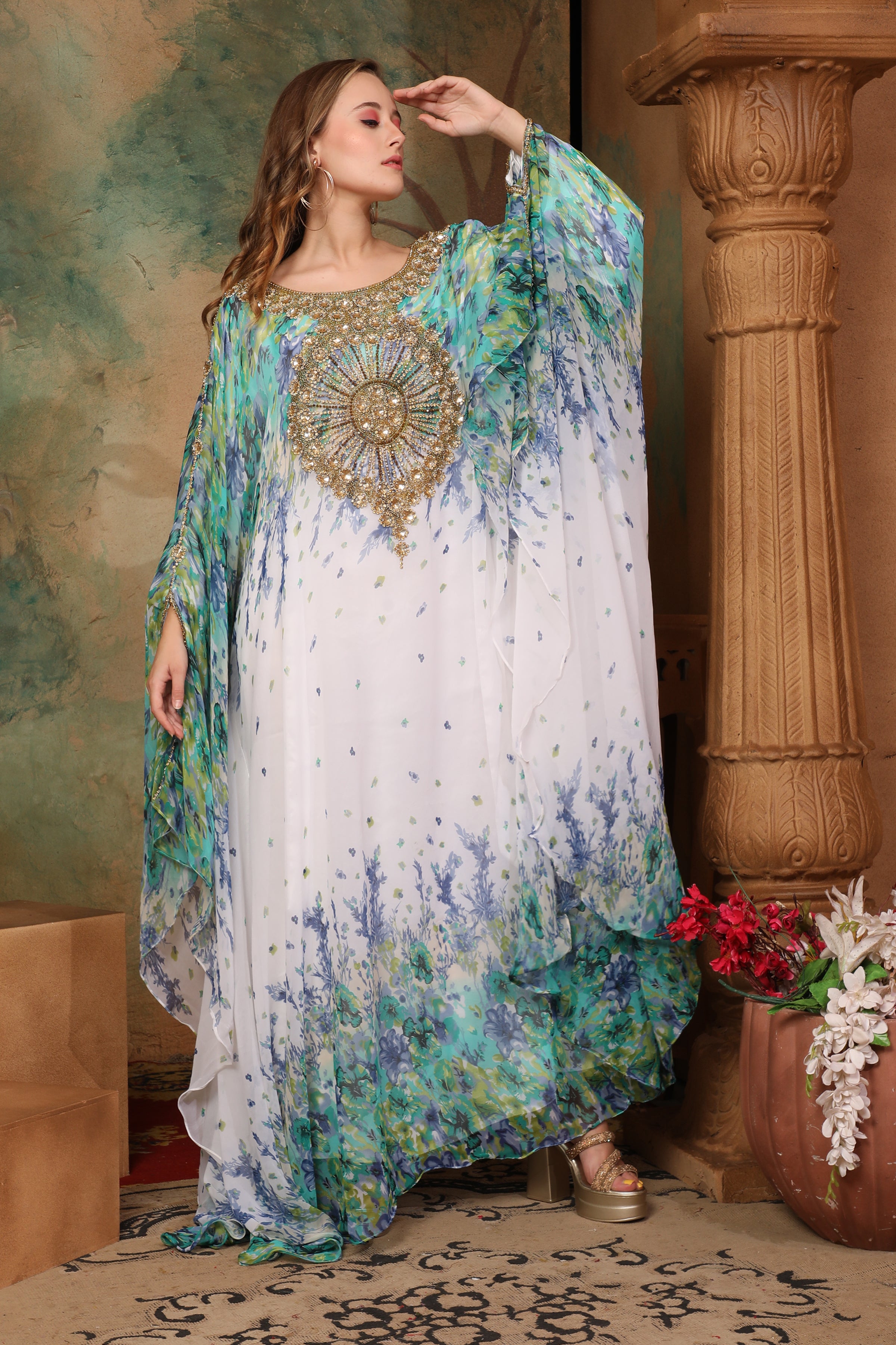 Front of Asma Green And White Printed Kaftan Dress With Hand Embroidery