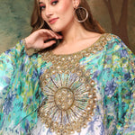 Closeup of Asma Green And White Printed Kaftan Dress With Hand Embroidery