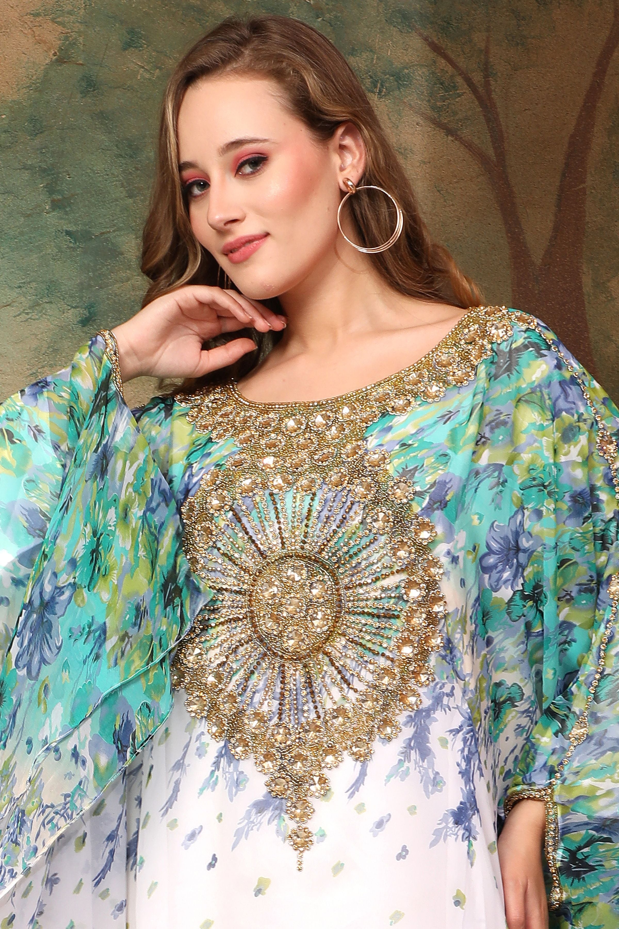 Closeup of Asma Green And White Printed Kaftan Dress With Hand Embroidery