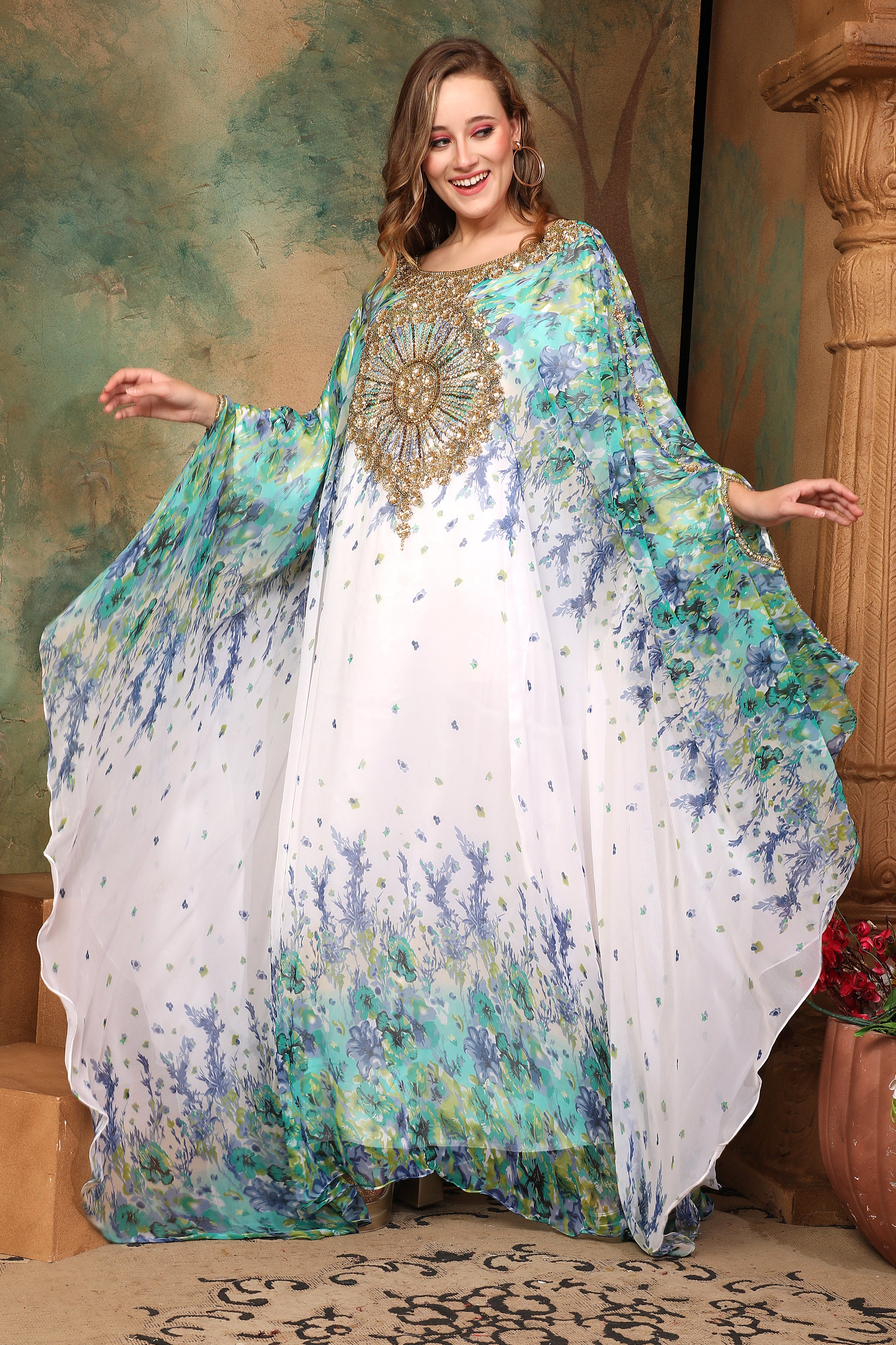 Asma Green And White Printed Kaftan Dress With Hand Embroidery