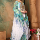 Side of Asma Green And White Printed Kaftan Dress With Hand Embroidery