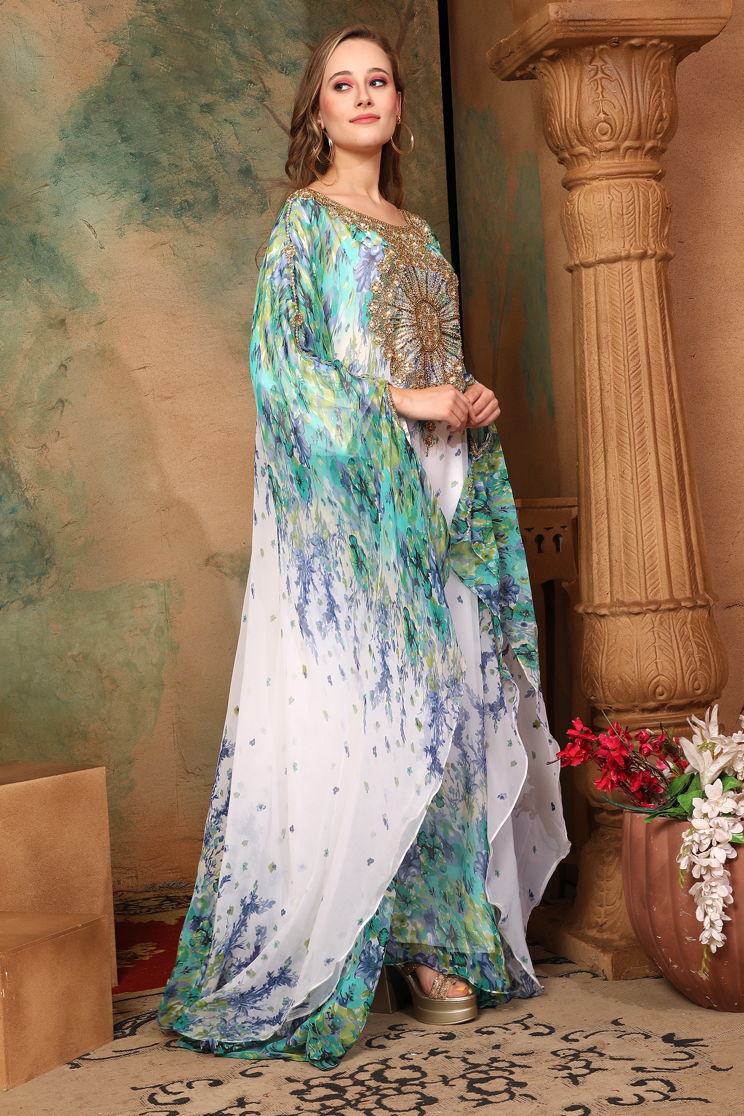 Side of Asma Green And White Printed Kaftan Dress With Hand Embroidery
