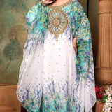 Asma Green And White Printed Kaftan Dress With Hand Embroidery