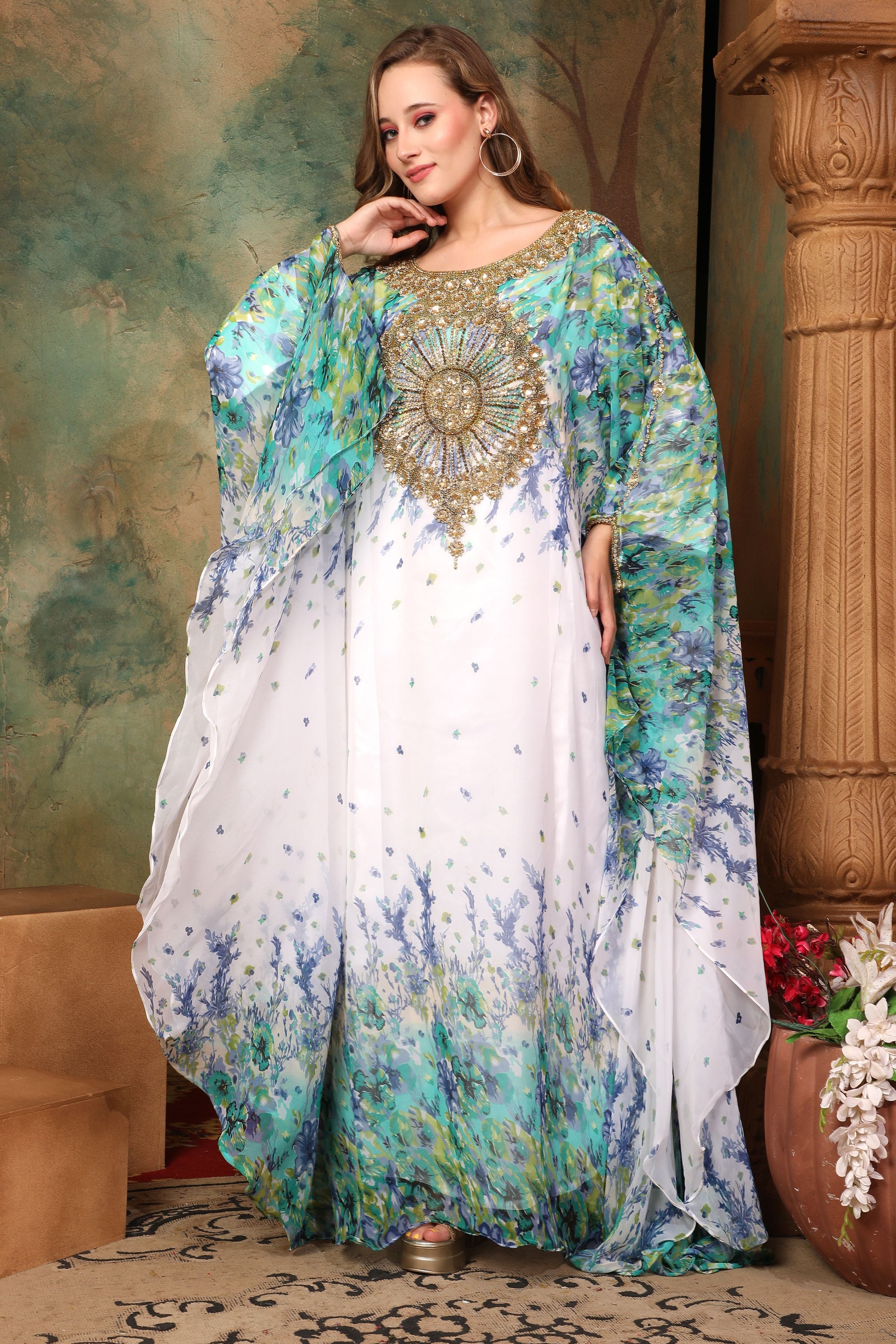 Asma Green And White Printed Kaftan Dress With Hand Embroidery