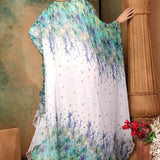 Back of Asma Green And White Printed Kaftan Dress With Hand Embroidery